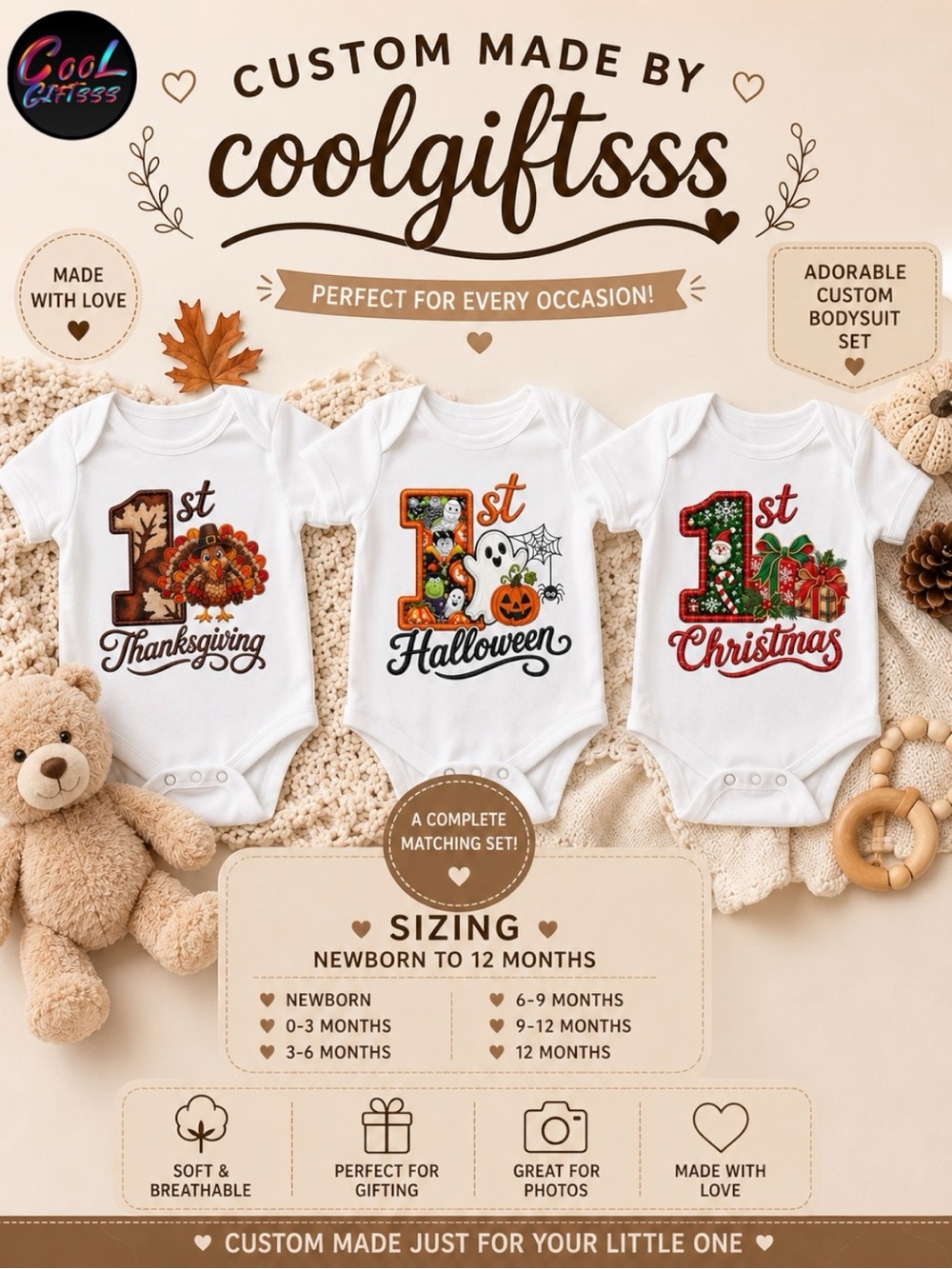 White Kids '1st Holiday' Costume Bodysuit - Christmas Thanksgiving Halloween Set